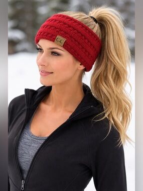 C.C. Red Knit Ponytail Headband with CC Leather Tag